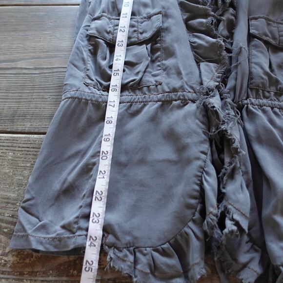 100% Silk Ruffle Vest Medium Gray Raw Hem Boho Utility Frayed Neutral Cargo Top - Picture 7 of 8